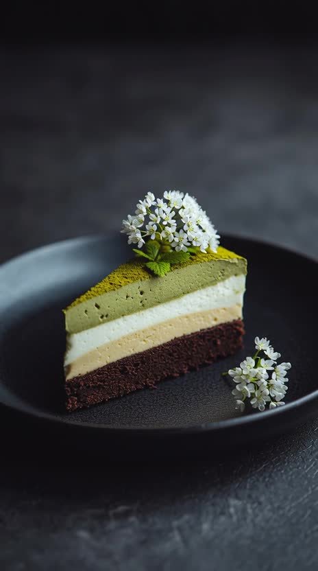 Slice of matcha and chocolate cake with white flowers, creative food composition