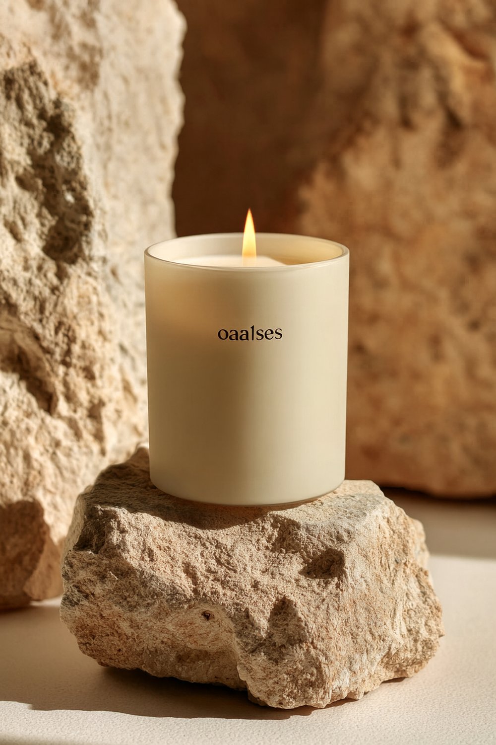 Lit oaalses candle staged on a natural stone against a warm sandstone backdrop