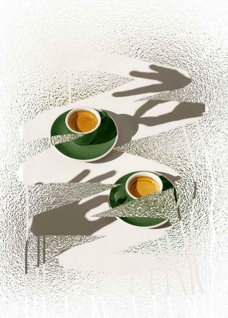 Coffee still-life concept with green cups and directional shadows