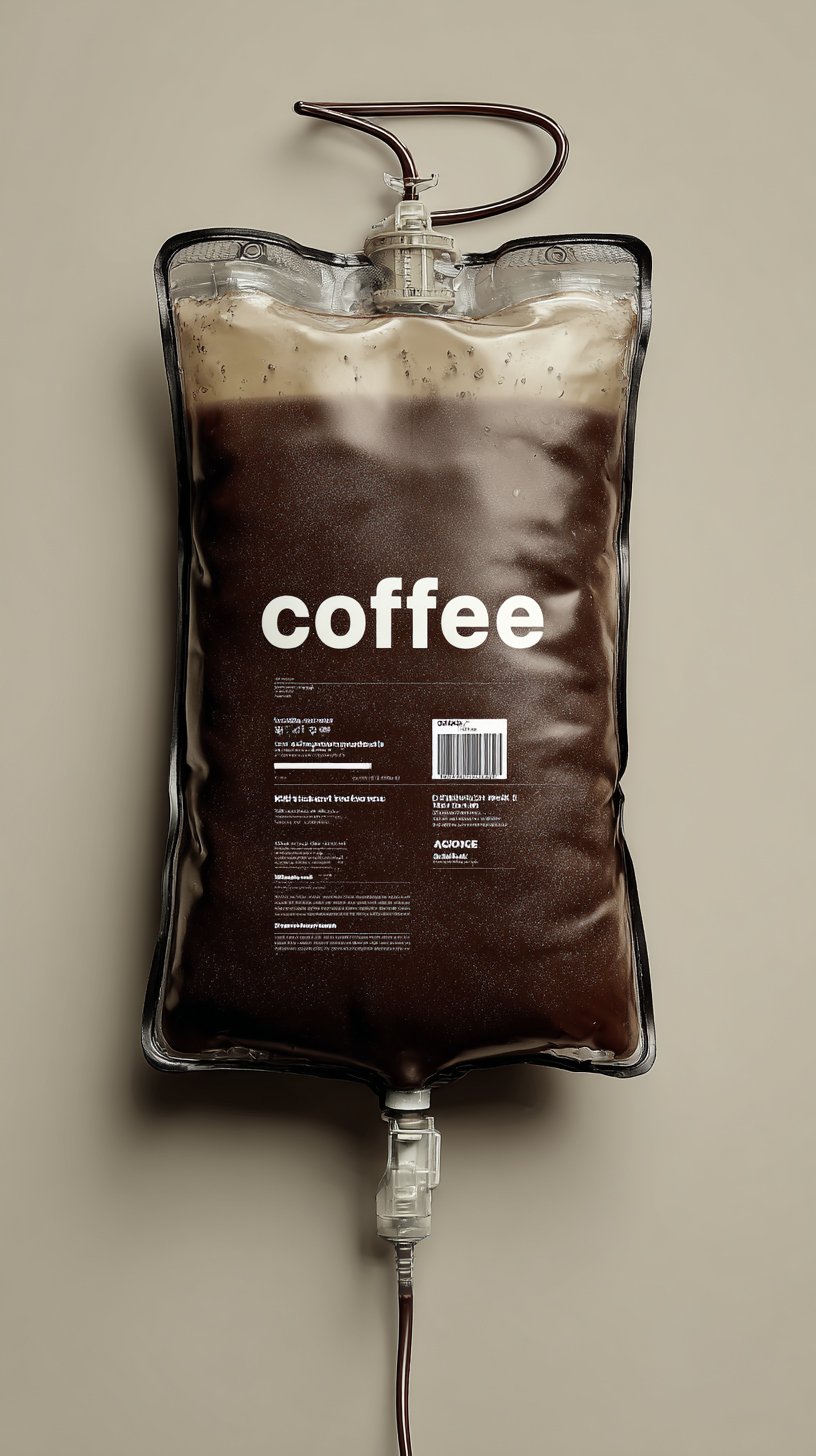 Conceptual IV bag filled with coffee, minimalist packaging label