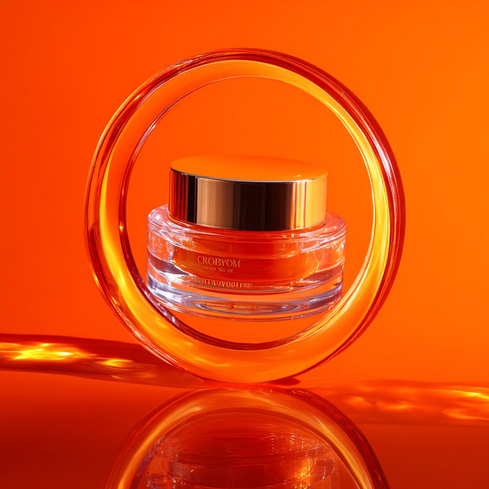 Orange-glass skincare campaign concept with illustrative packaging