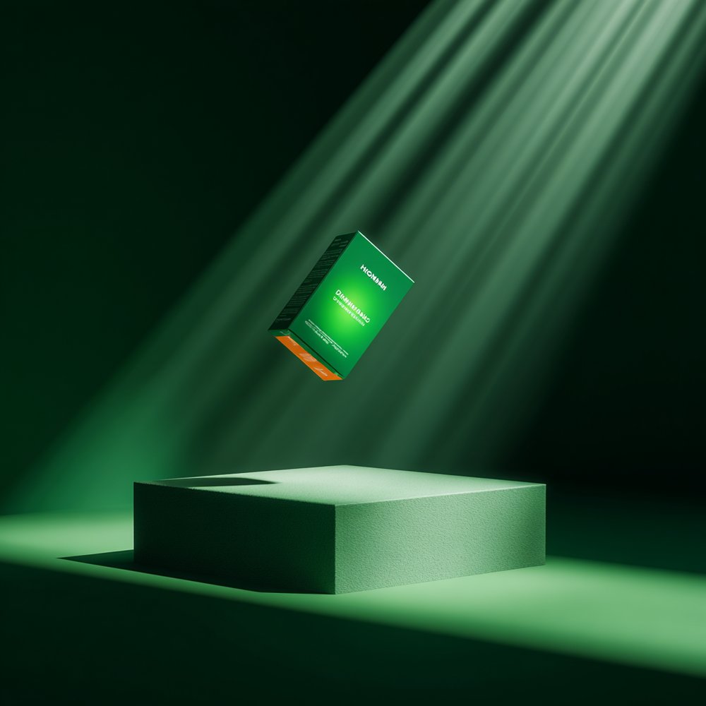Vitamin supplement box packaging floating in dramatic green light